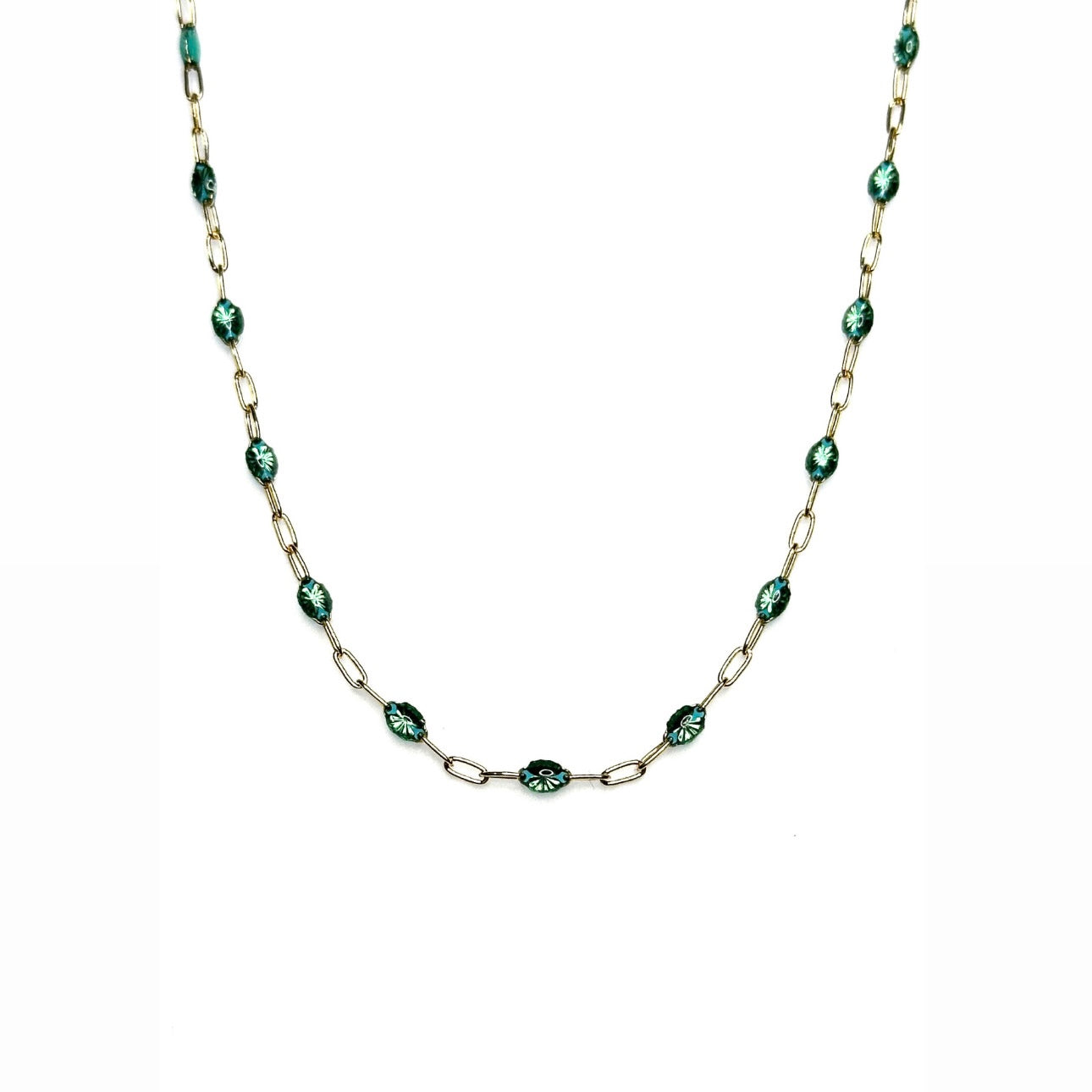 Iridescent emerald green staple chain (shower safe 14K gold-filled)